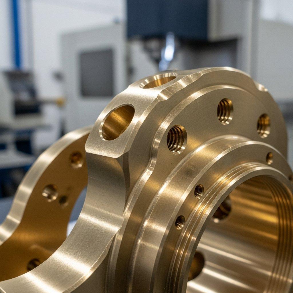 Nahaufnahme, hochauflösendes Bild eines perfekt bearbeiteten, filigranen Messingbauteils, das eine makellose Oberflächenbeschaffenheit zeigt, die subtil das Umgebungslicht reflektiert. Das Bauteil verfügt über präzise gefertigte kleine Löcher, genaue Gewinde und glatte, elegante Kurven, was außergewöhnliche Detailarbeit und hochwertige Technik unterstreicht. Im leicht verschwommenen Hintergrund ist eine professionelle Werkstattumgebung mit subtilen CNC-Maschinen sichtbar.