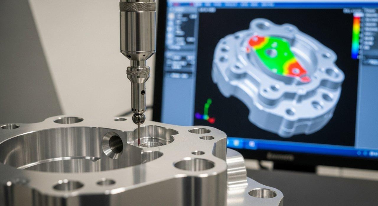 İnce detaylara sahip yüksek karmaşıklıkta özel CNC işlenmiş parçayı titizlikle ölçen sofistike bir CMM probunun yakın çekimi. CMM ekranı arka planda