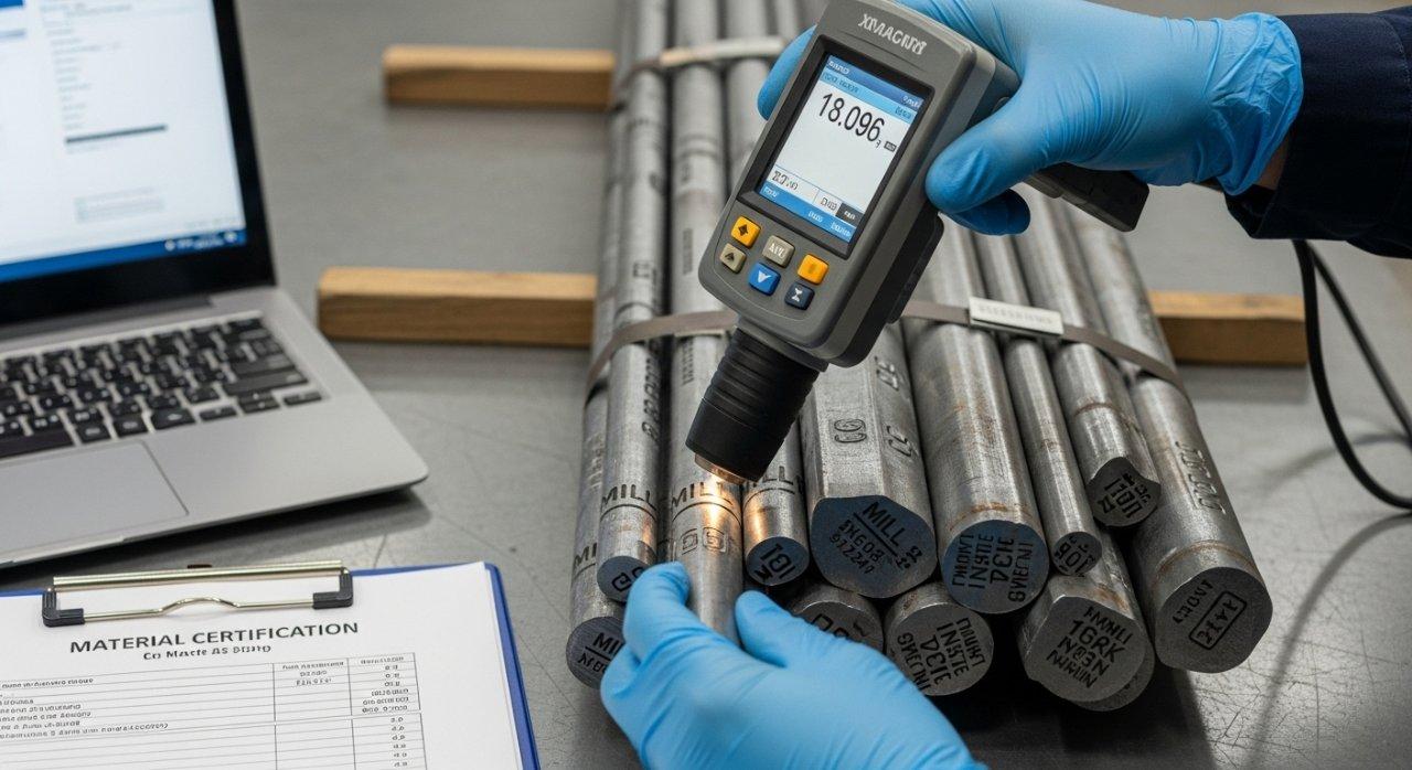 Eine Nahaufnahme eines Qualitätssicherungstechnikers, der einen tragbaren XRF-Analysator verwendet, um eine Ladung roher Metallstangen auf Materialqualität zu prüfen