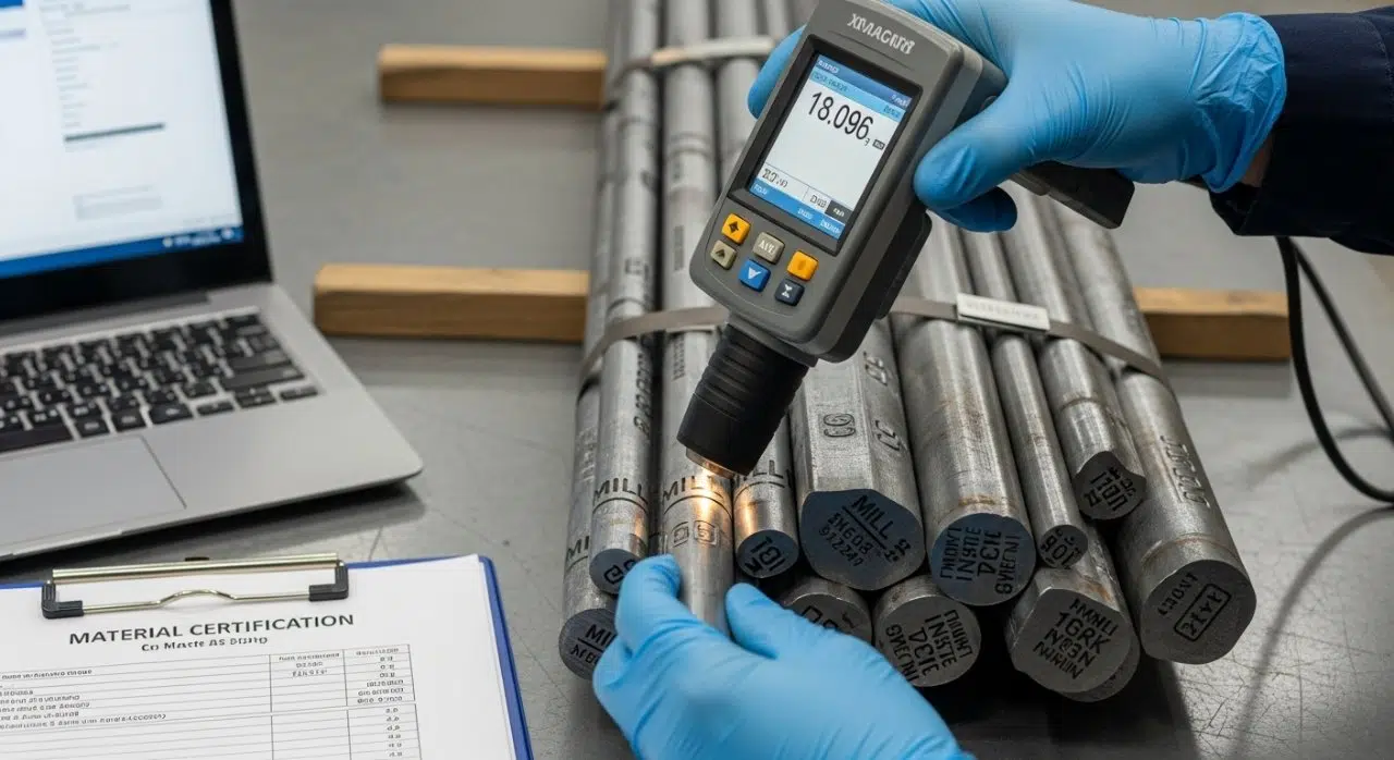 Bir kalite kontrol teknisyeninin taşınabilir XRF analizörü kullanarak ham metal çubuklarını çapraz referans alarak malzeme CE'sini incelemesine yakın çekim