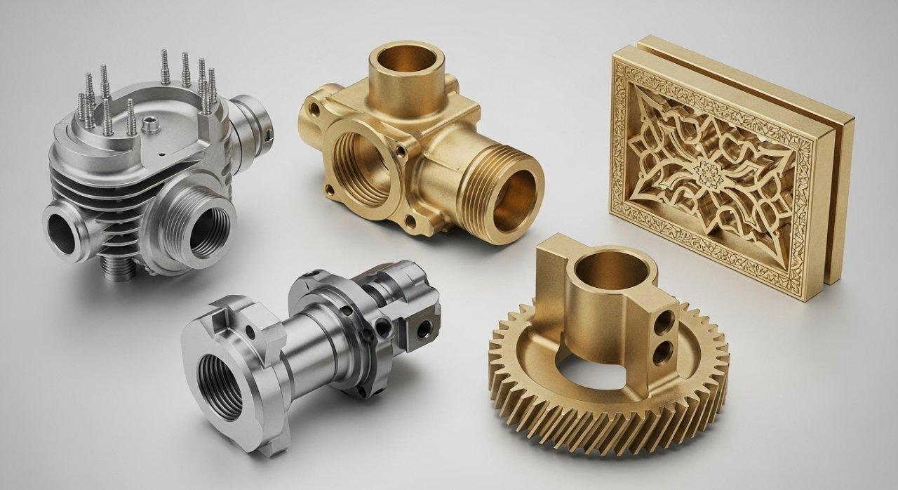 Una colección de de tres a cinco piezas de latón altamente complejas mediante mecanizado de alta precisión, meticulosamente diseñadas con geometrías intrincadas y acabados superficiales variados. Cada componente mecanizado con precisión se muestra contra un fondo neutro, destacando aplicaciones diversas y demostrando nuestras capacidades avanzadas de mecanizado CNC y experiencia en diseño de maquinabilidad de latón.