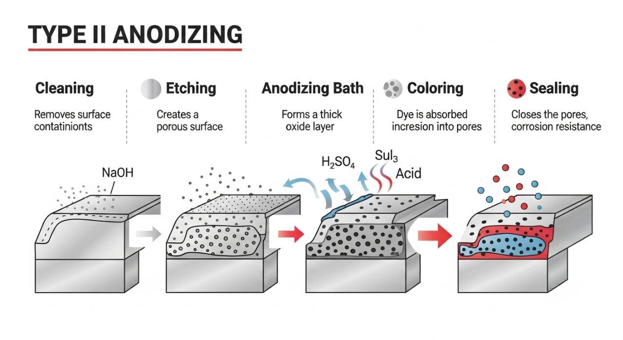 A comprehensive vector infographic detailing the step-by-step Type II Anodizing process for aluminum. It visually explains each stage: cleaning, etching, the anodizing bath, coloring/dyeing, and sealing. The graphic uses clear icons, chemical formulas, and concise descriptions to illustrate how the protective oxide layer forms and accepts vibrant dyes.