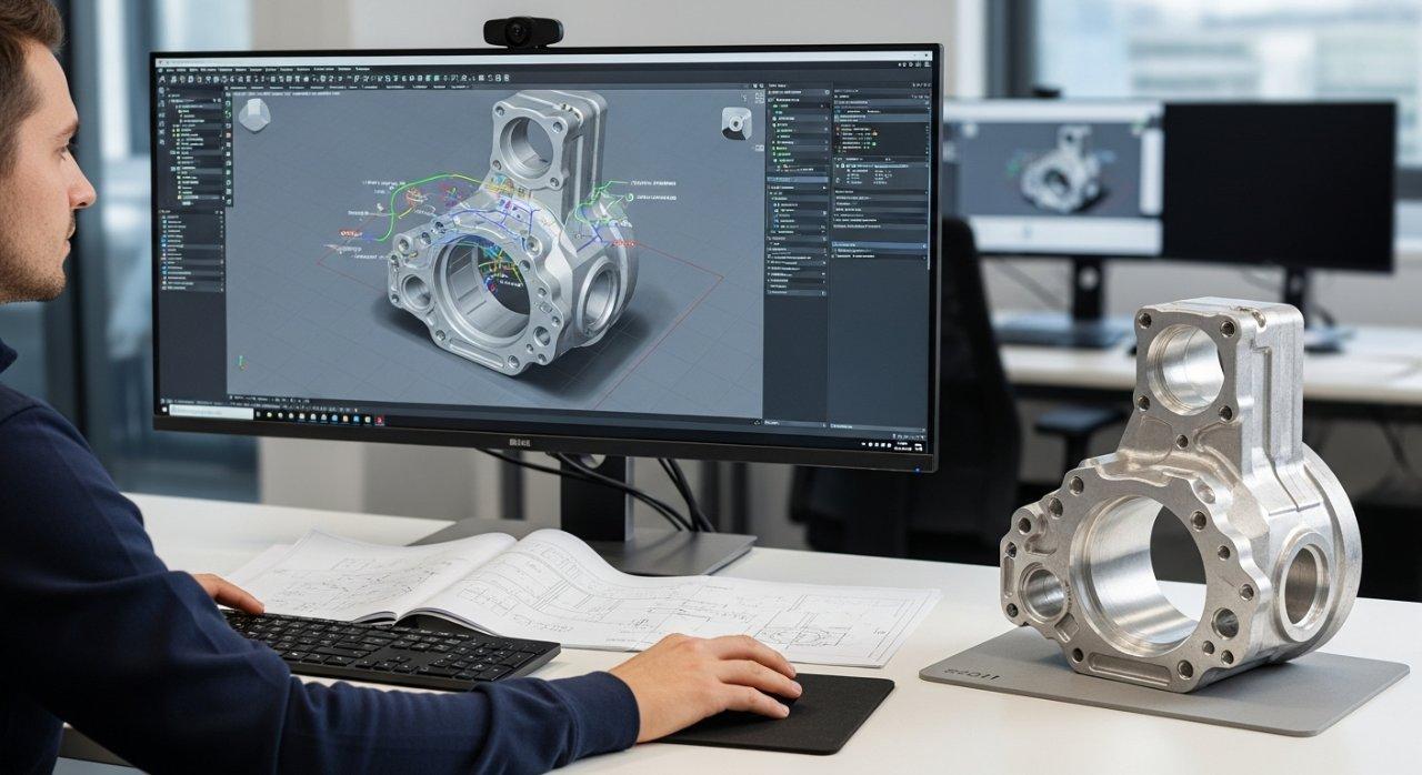 A design engineer expertly manipulates CAD software on a large monitor, while a physical 6061 aluminum aerospace part prototype sits nearby on the desk, illustrating a DFM (Design for Manufacturability) consultation process.