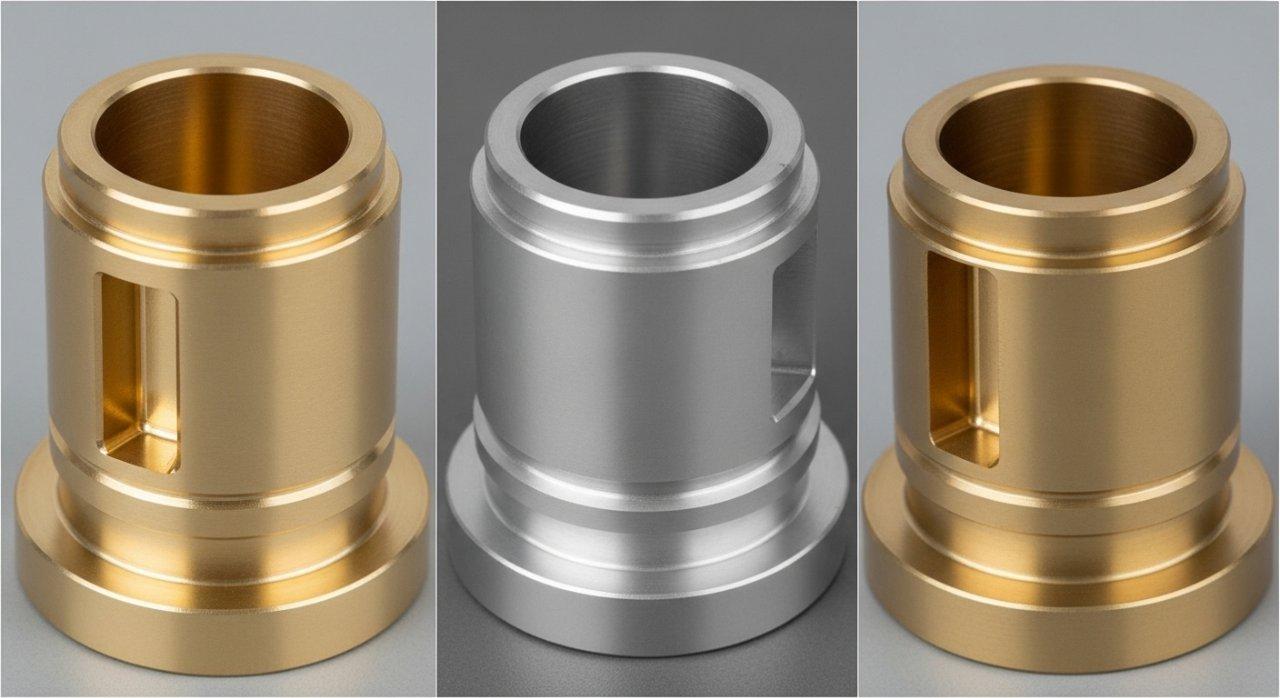 Ein detaillierter Collage aus hochpräzisen CNC-gefertigten Messingteilen, die jeweils sorgfältig gefertigt sind und eine unterschiedliche Oberflächenbehandlung aufweisen. Vorgestellte Fin