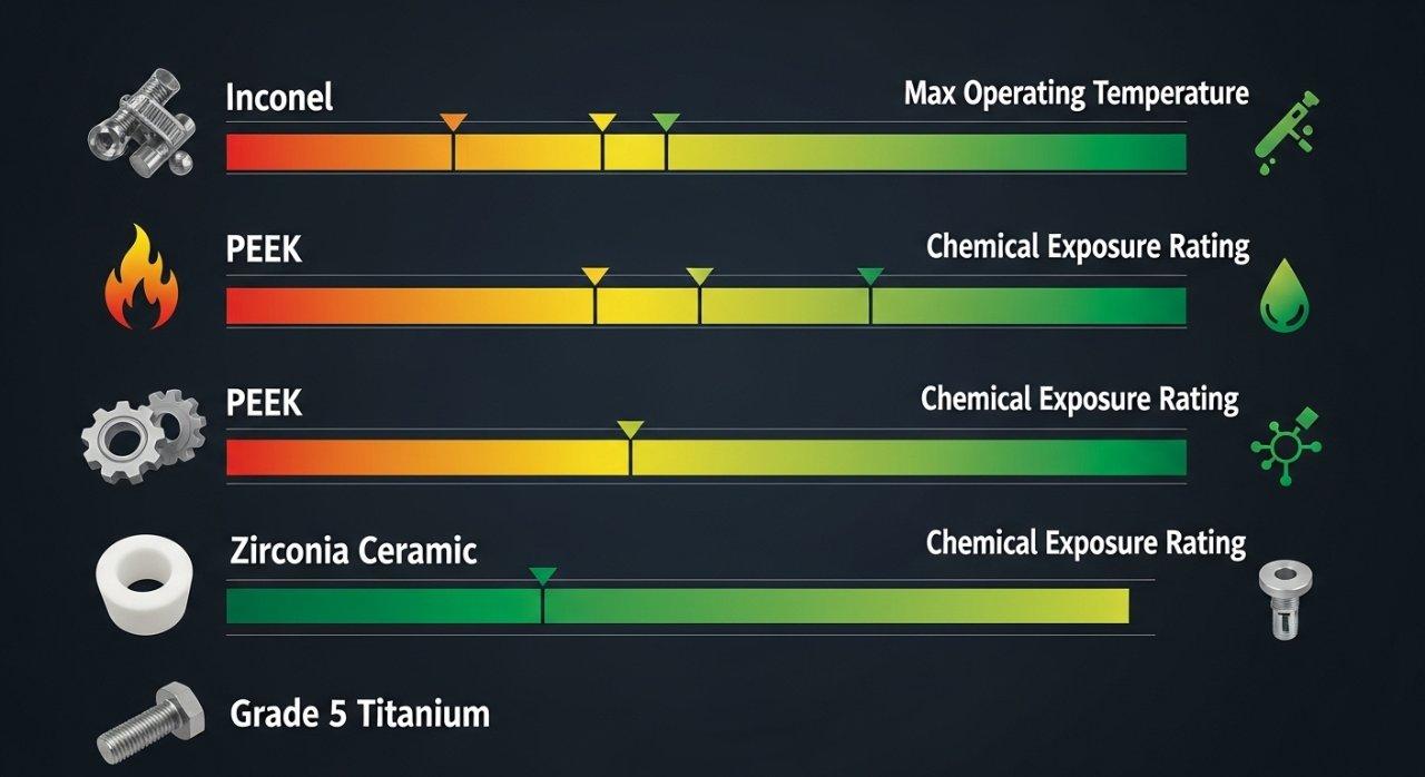 Eine detaillierte Vergleichs-Infografik visualisiert die thermische und chemische Resistenz von fortschrittlichen Materialien wie Inconel, PEEK, Zirkon, Keramik und