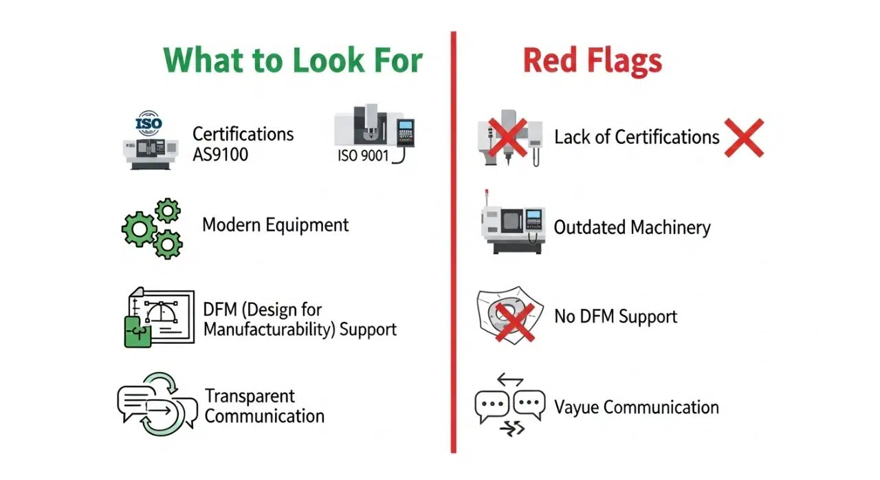 Una infografía comparativa detallada que presenta una lista de verificación para evaluar fábricas CNC. Un lado destaca "Qué Buscar", incluyendo certificaciones como ISO y AS9100, equipos modernos, soporte para Diseño para Manufacturabilidad (DFM) y comunicación transparente. El otro lado identifica "Señales de Advertencia" como maquinaria obsoleta y comunicación vaga, guiando a los usuarios sobre cómo elegir el mejor socio de fabricación CNC.