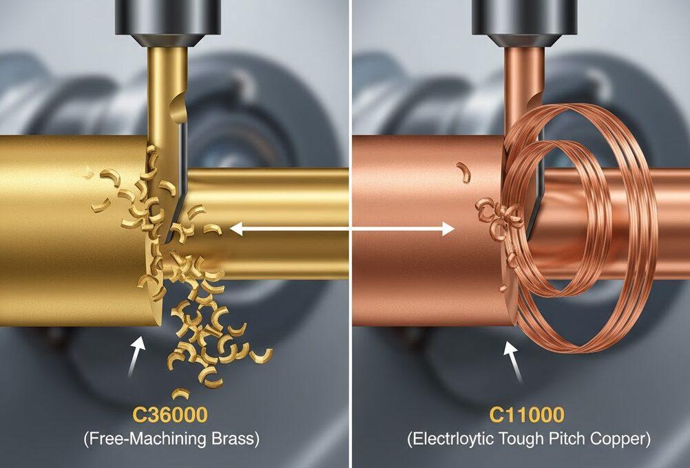 7 Key Points for Selecting Copper Materials in CNC Machining 4 A detailed infographic illustrating the different types of chips generated during CNC machining of various copper alloys contrasting short britt 1 e1760523239161