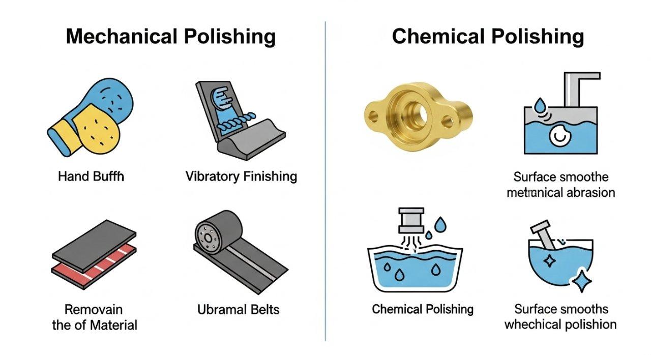 Eine detaillierte Infografik, die die beiden primären Messingpolierprozesse visuell erklärt. Auf der Seite der mechanischen Polierung illustrieren Symbole die Technik.
