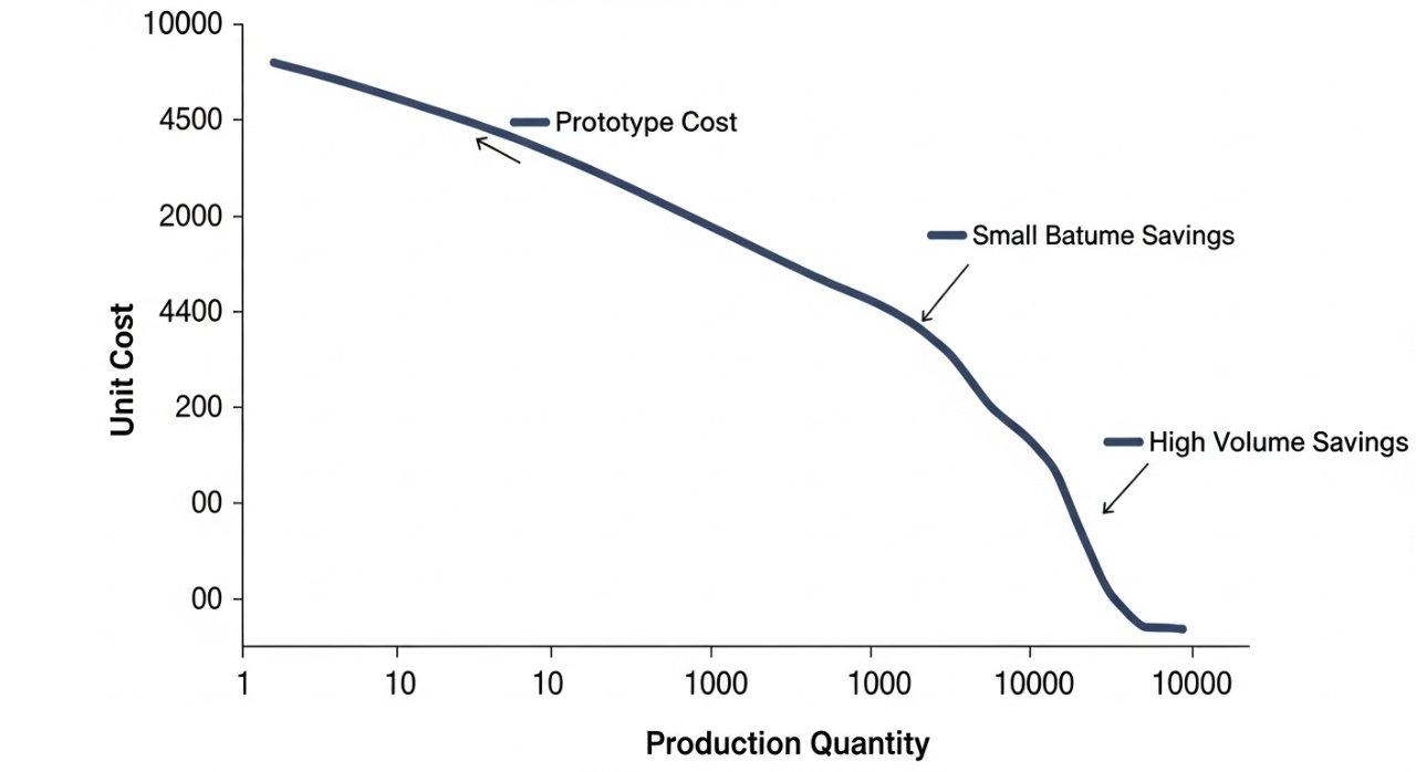 Un gráfico de líneas detallado que ilustra la relación inversa entre volumen de producción y costo unitario promedio para piezas mecanizadas por CNC, demostrando claramente las economías de escala. El eje X (escala logarítmica) representa la cantidad de producción de 1 a 10,000, mientras que el eje Y muestra el costo unitario. La curva desciende bruscamente y luego se nivela, destacando "Costo de prototipo", "Costo de pequeña serie" y "Ahorros en volumen alto" para mostrar una reducción significativa de costos con un aumento en la producción.