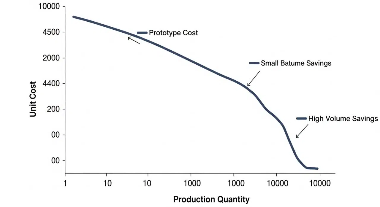 Un graphique linéaire détaillé illustrant la relation inverse entre le volume de production et le coût unitaire moyen pour les pièces usinées CNC, démontrant clairement les économies d'échelle. L'axe X (échelle logarithmique) représente la quantité de production de 1 à 10 000, tandis que l'axe Y indique le coût unitaire. La courbe diminue fortement puis se stabilise, mettant en évidence le « Coût du prototype », « Coût de petite série » et « Économies de volume élevé » pour montrer une réduction significative des coûts avec une augmentation de la production manufacturière.