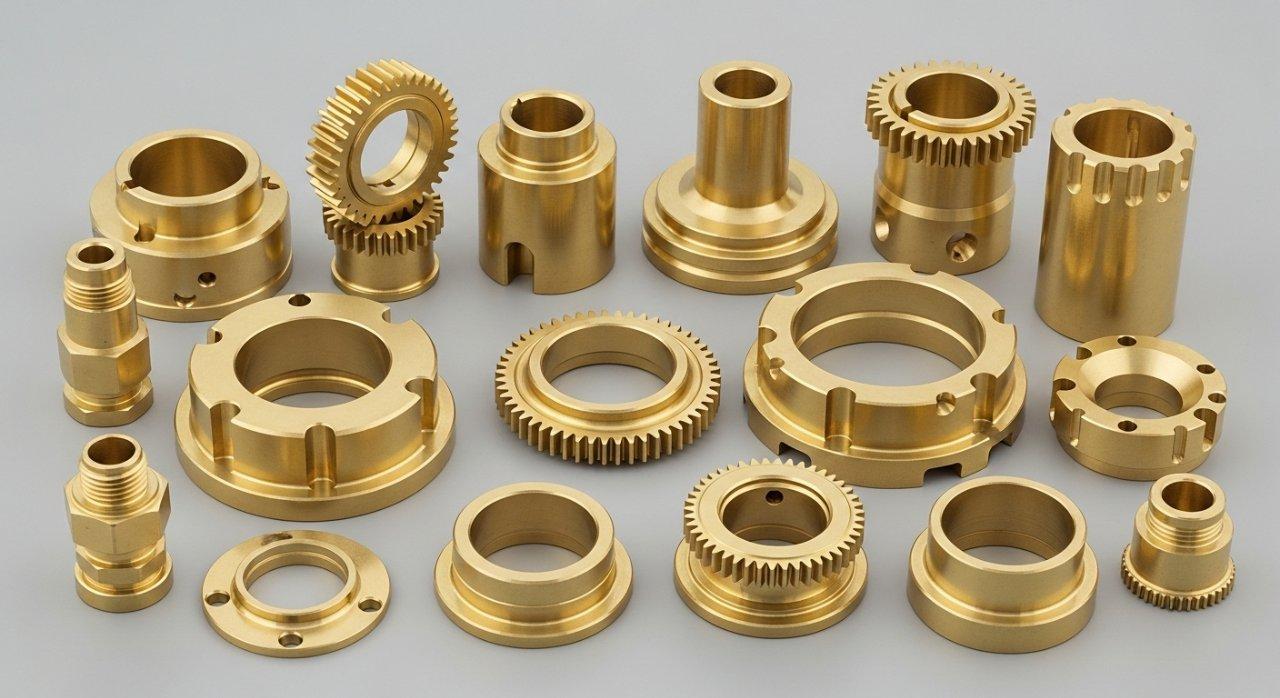 Un collage detallado de productos que muestra una colección de componentes de latón acabados de manera exquisita y libres de defectos, mecanizados por CNC. Estas piezas de alta precisión exhiben una excelente calidad de superficie y una variedad de formas y tamaños complejos, demostrando la salida superior de procesos avanzados de mecanizado CNC e ingeniería de precisión.