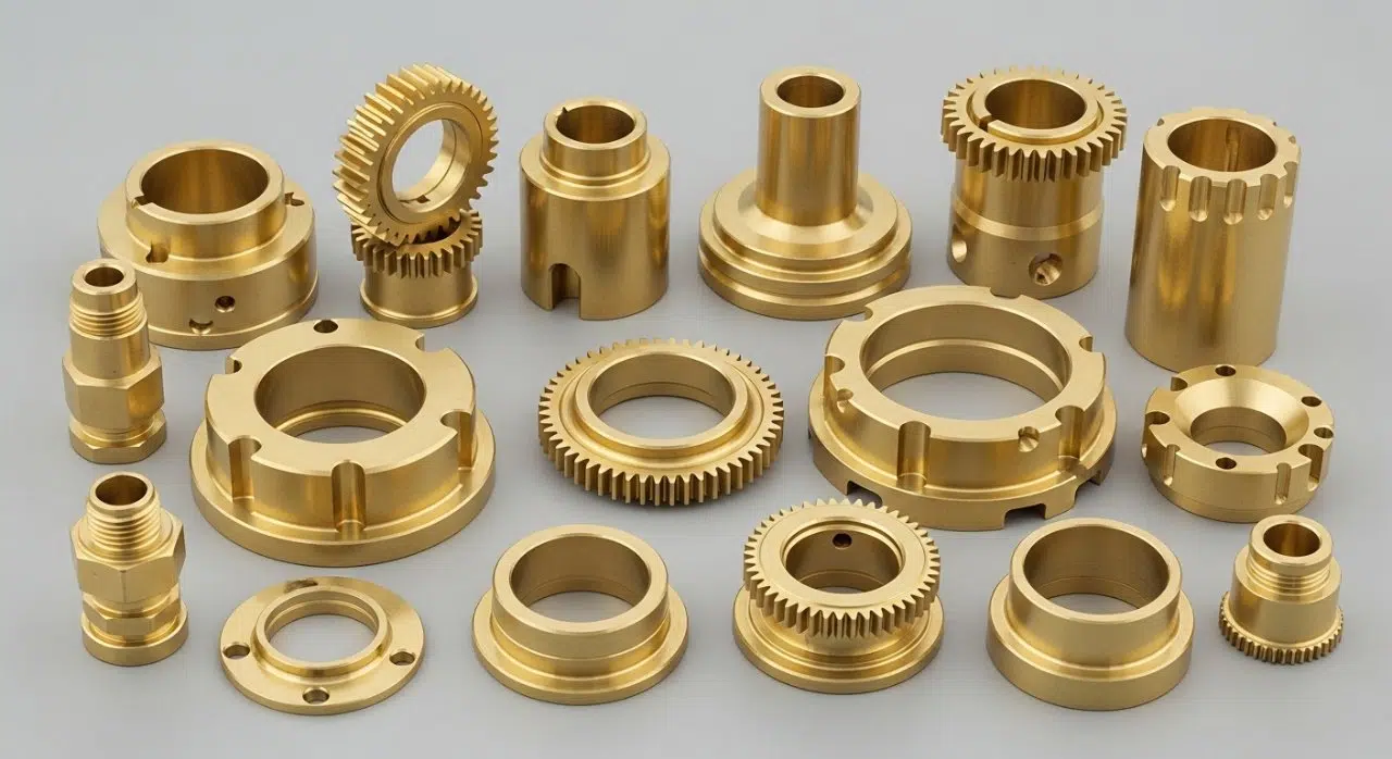 Detaylı ürün kolajı, kusursuz şekilde bitirilmiş ve kusursuz pirinç CNC işlenmiş bileşenleri sergiliyor. Bu yüksek hassasiyetli parçalar, mükemmel yüzey kalitesi ve çeşitli karmaşık şekil ve boyutlar göstererek gelişmiş CNC işleme süreçleri ve hassas mühendisliğin üstün çıktılarını ortaya koyuyor.
