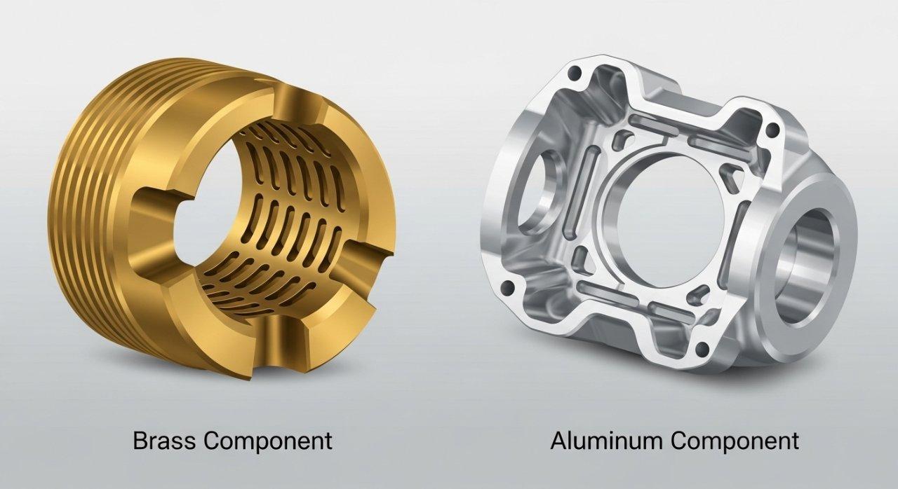A detailed vector graphic depicting two complex mechanical components. A brass component features intricate threads and small channels, while an aluminum component showcases thin walls and internal cavities, illustrating design and manufacturing challenges unique to each material.