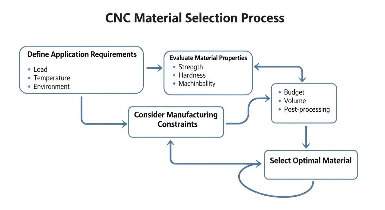 Un diagramme de flux graphique vectoriel illustrant le processus complet de sélection de matériaux CNC. Il guide visuellement les utilisateurs depuis la définition des exigences de l'application (charge, température, environnement) et l'évaluation des propriétés du matériau (résistance, dureté, machinabilité) jusqu'à la prise en compte des contraintes de fabrication (budget, volume, post-traitement), menant à la sélection d'un matériau optimal, avec une boucle de rétroaction itérative pour l'affinement.