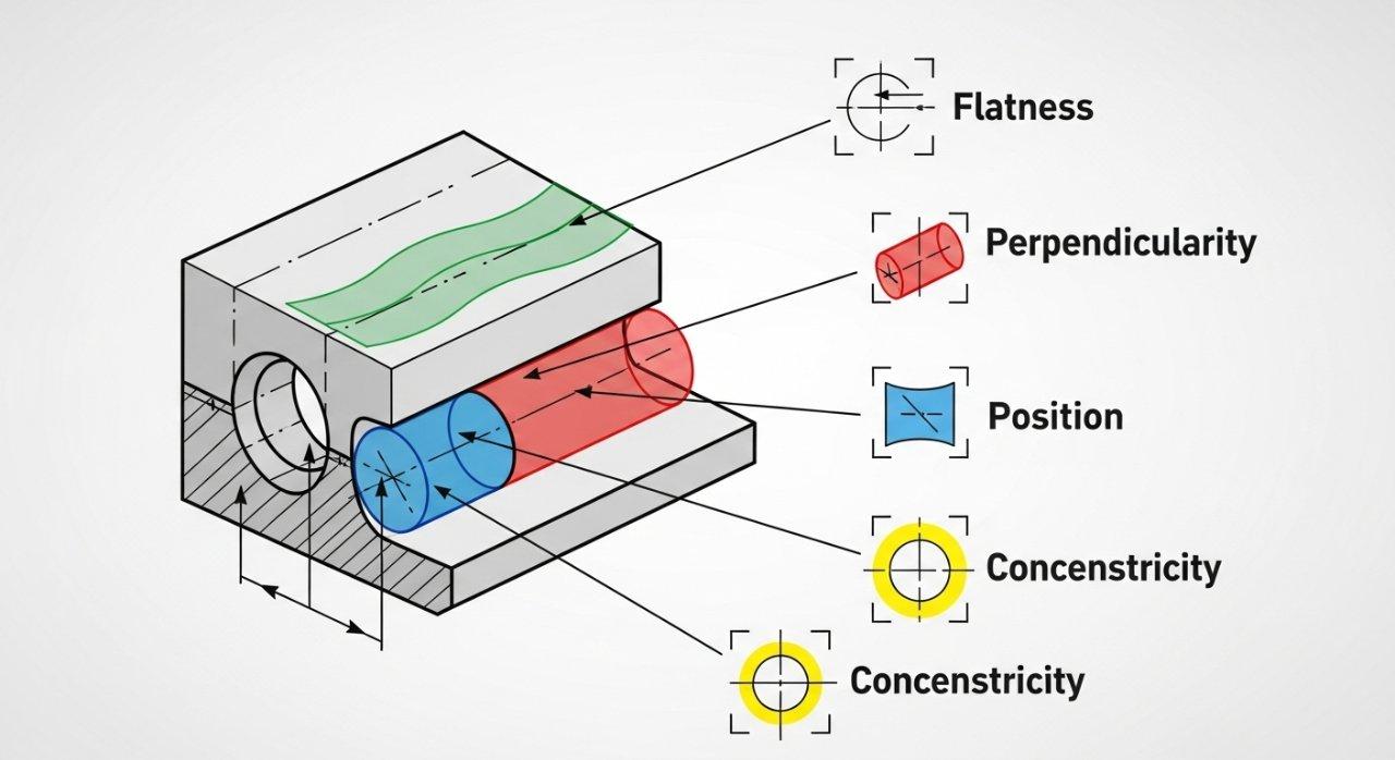 Geometrik Boyutlandırma ve Toleranslandırma (GDT) sembollerini açıklayan detaylı vektör grafik infografik. Yaygın GDT özelliklerini görsel olarak gösterir