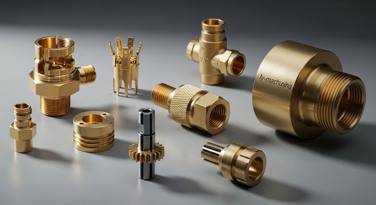 Eine vielfältige Collage, die 5 bis 7 verschiedene hochpräzise Messingkomponenten zeigt, die von ly-machining fachmännisch bearbeitet wurden. Die Sammlung hebt verschiedene Teile hervor