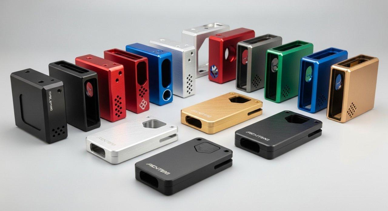 A diverse collection of high-precision CNC machined and anodized electronic product casings, showcasing a variety of vibrant colors including black, silver, blue, and red, all with exceptional and consistent surface finishes.