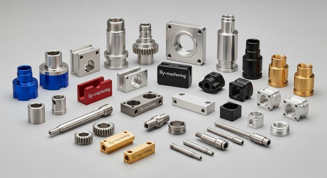 A diverse collection of high precision CNC machined parts produced by ly machining featuring components crafted from aluminum stainless steel a