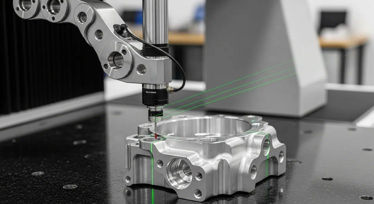 Dinamik yakın çekim, 5 eksenli CMM probunun karmaşık çok özellikli özel CNC işlenmiş bileşeni ölçüm yatağında hassas şekilde temas etmesi