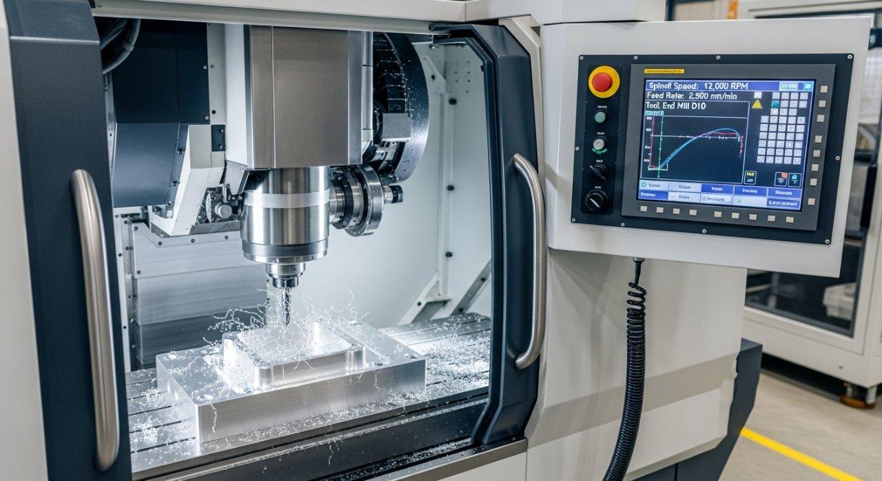 Une prise de vue en plongée, bien éclairée, d'une machine de fraisage CNC multi-axes moderne façonnant activement une pièce en métal avec des outils de coupe visibles. L'interface de la machine affiche des données opérationnelles en temps réel, mettant en avant la technologie avancée et la précision du processus d'usinage.