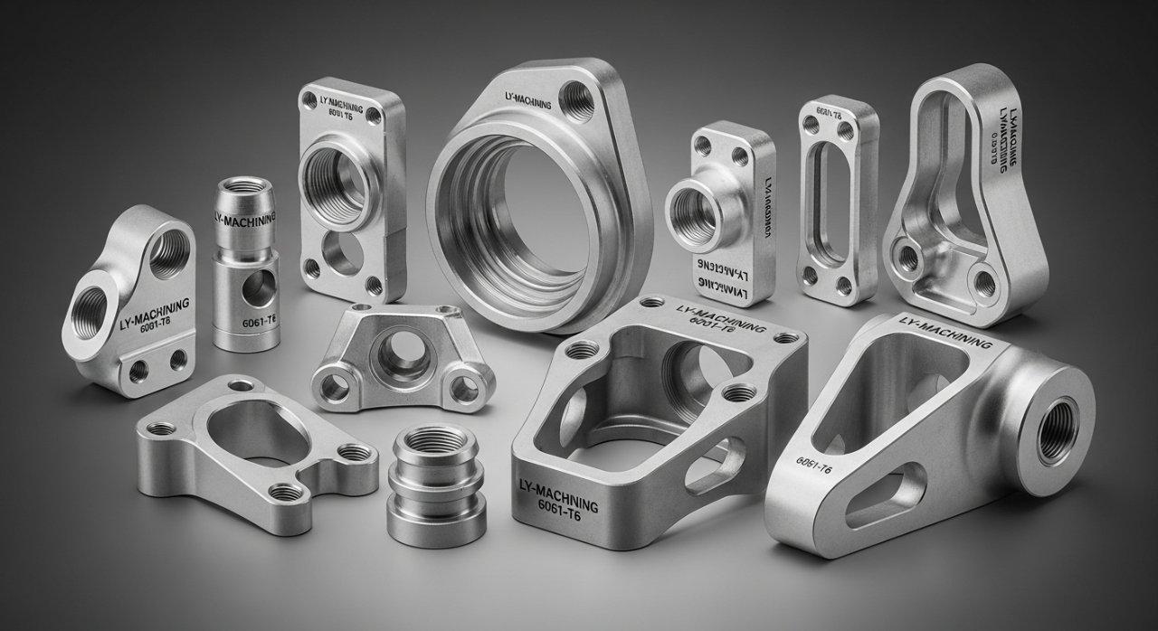 A high-precision collage showcasing various 6061 aluminum aerospace components, meticulously machined by ly-machining. The collection highlights diverse complex geometries, surface finishes, and sizes, effectively demonstrating ly-machining's extensive capabilities in advanced manufacturing for the aerospace industry.