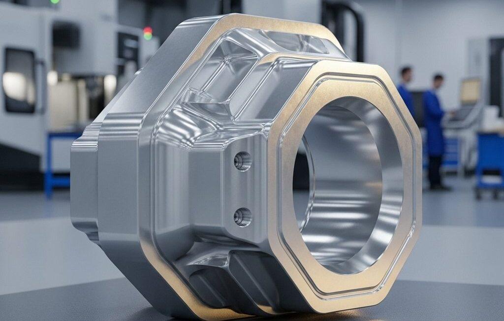 Guía de las mejores fábricas de mecanizado CNC en Shenzhen 1 Una imagen en alta resolución y primer plano de un componente metálico aeroespacial de precisión, multifacético y mecanizado por CNC, mostrando su superficie impecable fi1761220223575