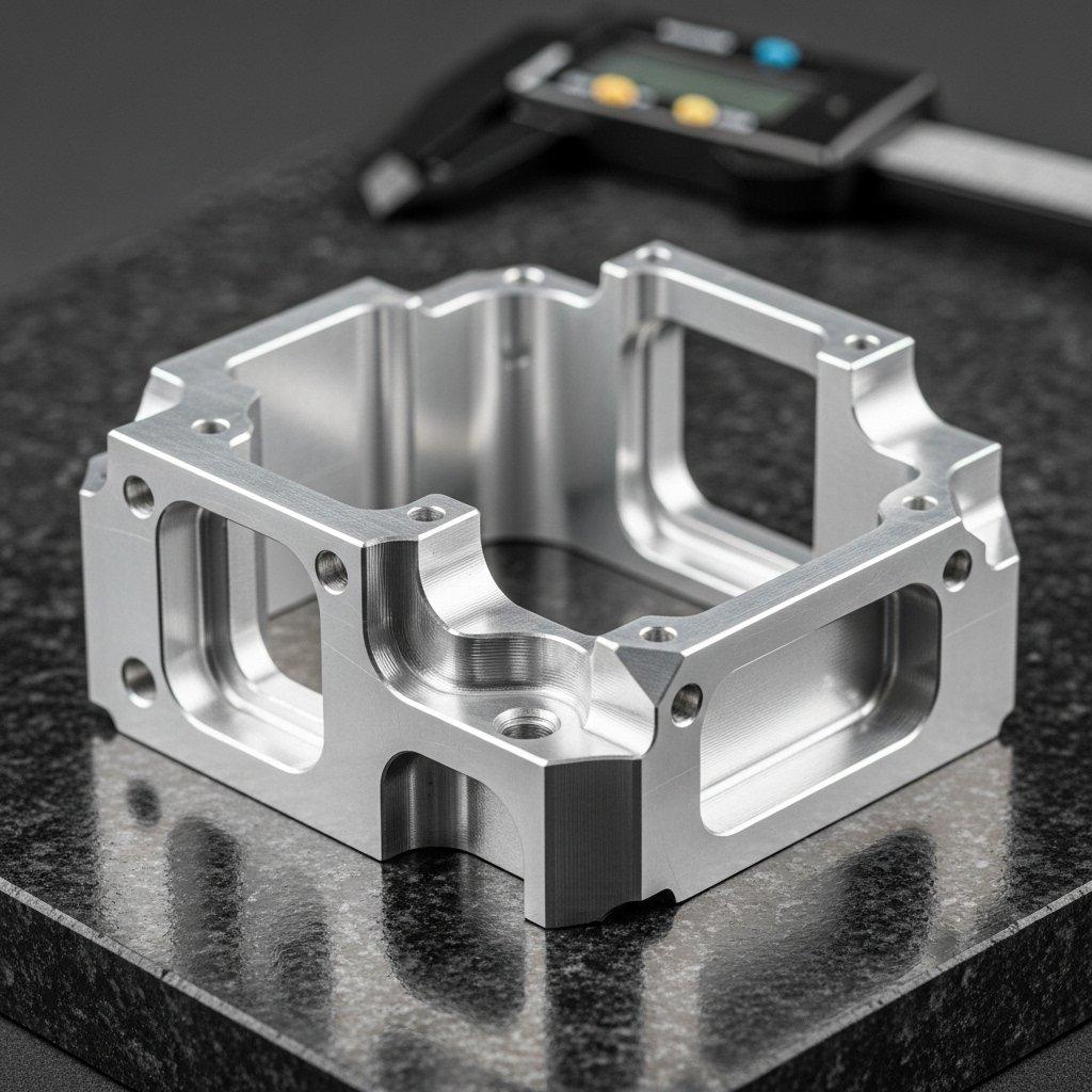 A high-resolution close-up of a complex, freshly machined 6061 aluminum aerospace component, showcasing its pristine surface finish as it rests on a precision measurement granite plate. A digital caliper is subtly out of focus in the background, suggesting rigorous quality control and engineering standards.