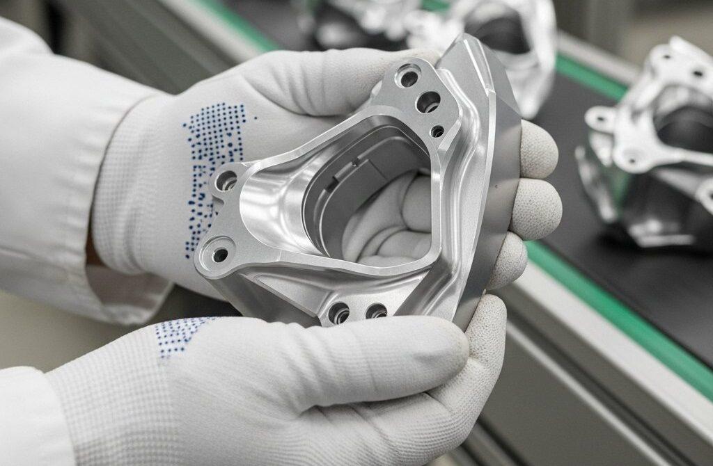 Piezas de mecanizado CNC: Superando desafíos desde el prototipo hasta la producción en masa de alta calidad Una imagen de alta resolución que muestra a un ingeniero con guantes sosteniendo meticulosamente un prototipo metálico complejo y de precisión, potencialmente un componente aeroespacial o una pieza de dispositivo médico.