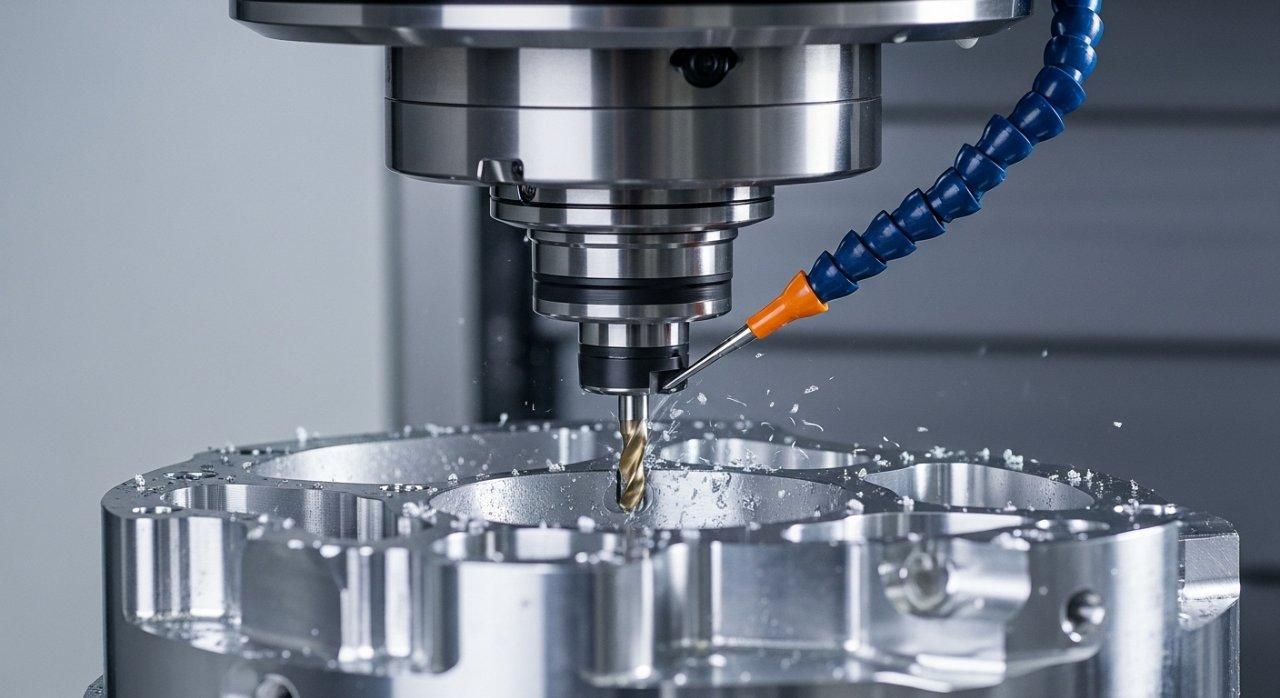 Yüksek çözünürlüklü bir fotoğraf, karmaşık bir metal bileşeni hassas bir şekilde kesen 5 eksenli CNC işleme merkezini yakından gösteriyor. Güçlü bir uç freze, yönlendirilmiş