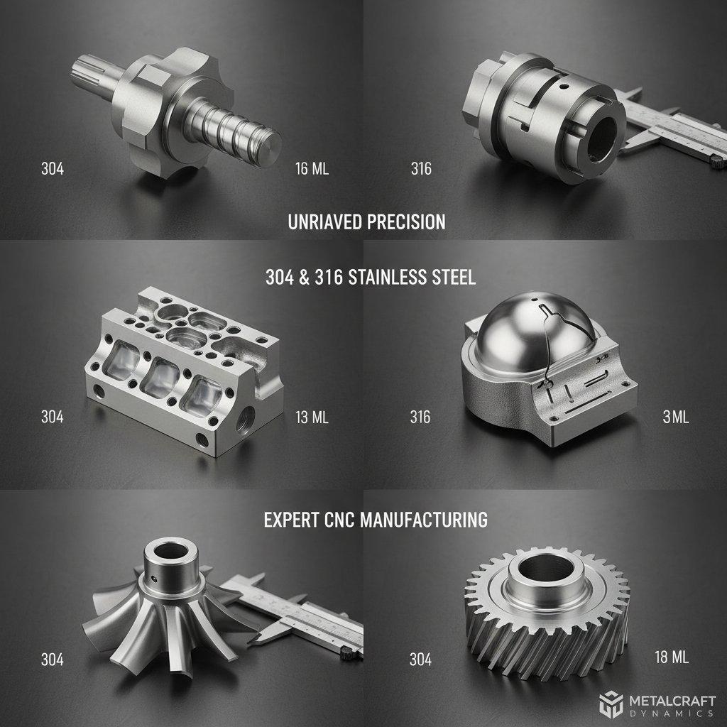 A high resolution product collage showcasing intricately precision machined 304 and 316 stainless steel components. The image highlights fine feat