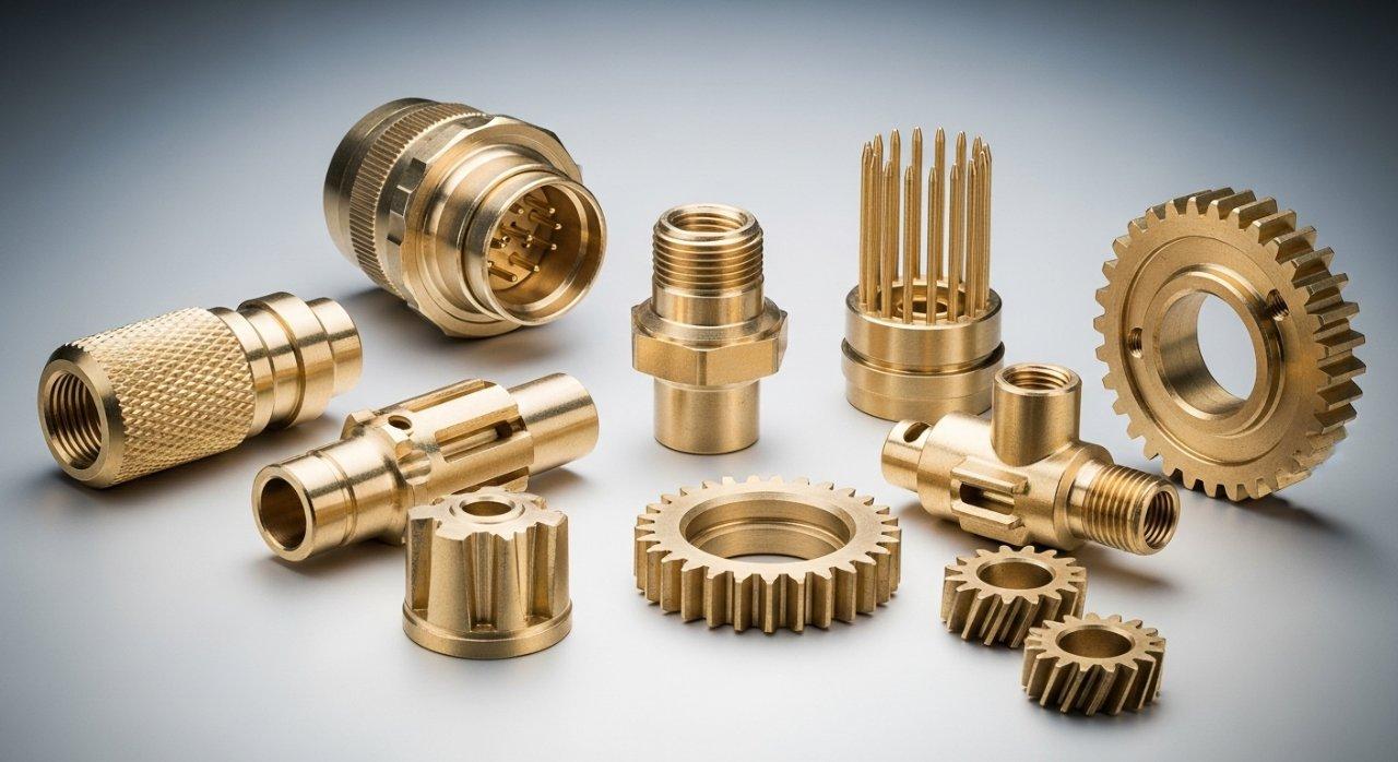 A meticulously arranged collection of small to medium sized precision brass components showcasing intricate details and perfectly finished high