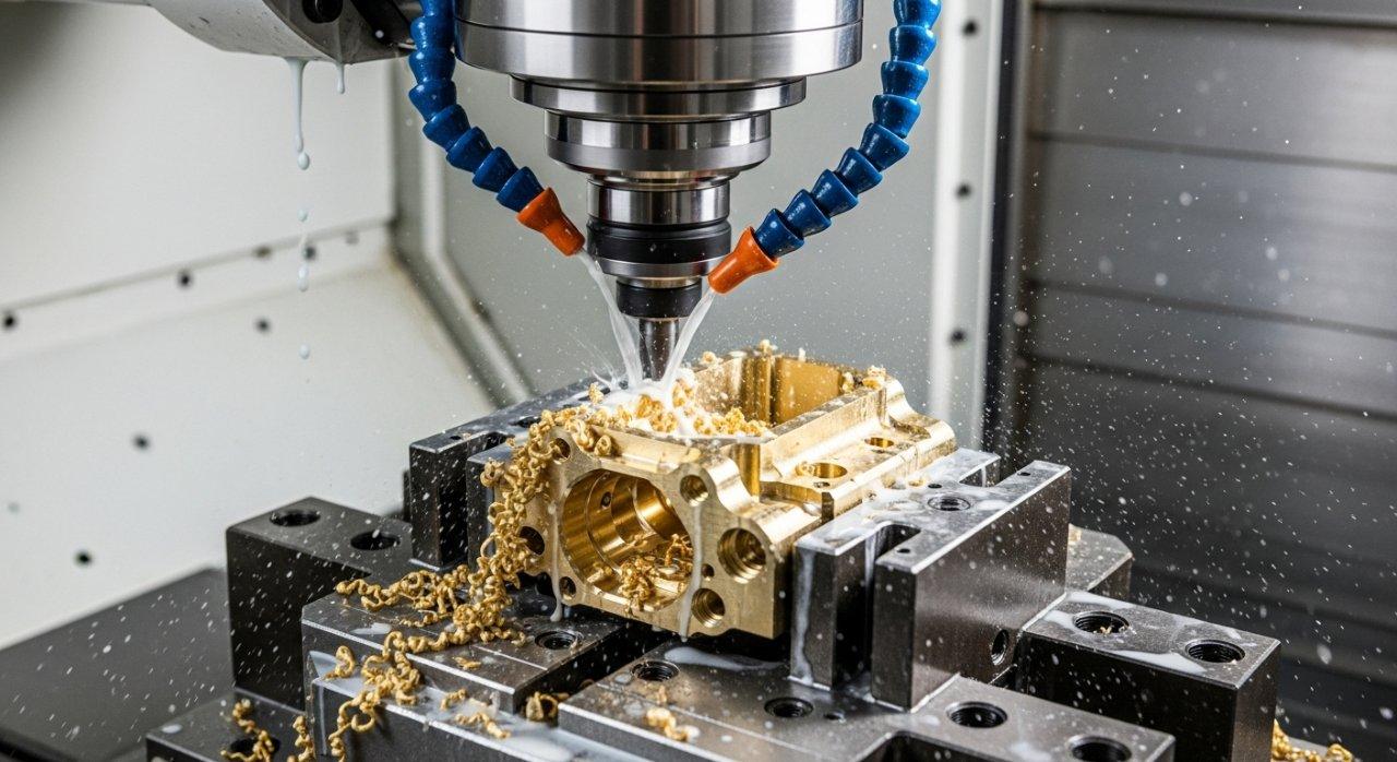 Una máquina CNC multieje que mecaniza activamente una pieza compleja de latón, mostrando flujo de refrigerante visible y evacuación de virutas. La precisión y la dinámica n