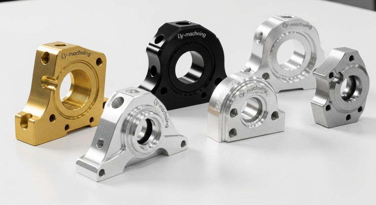 A product collection from ly-machining featuring high-precision CNC machined components, including intricate parts made from brass and aluminum with various finishes like polished and anodized, showcasing complex geometries on a clean, well-lit display table.