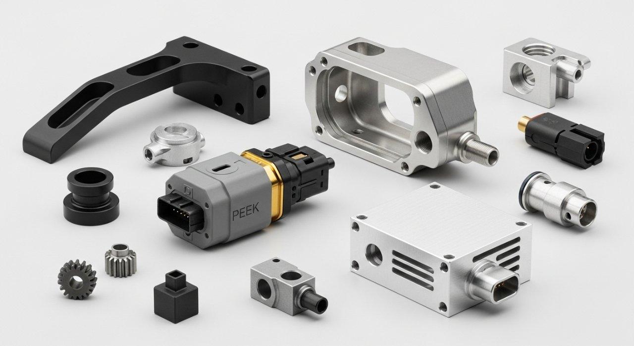 Une image de collection de produits présentant une variété de composants usinés par CNC de haute précision, y compris des supports aérospatiaux, des boîtiers pour dispositifs médicaux, des capteurs automobiles et des boîtiers électroniques. Chaque pièce démontre une excellente finition de surface et des tolérances strictes, fabriquées à partir de matériaux distincts tels que l'aluminium anodisé, l'acier inoxydable de qualité médicale et le polymère PEEK pour diverses applications industrielles.
