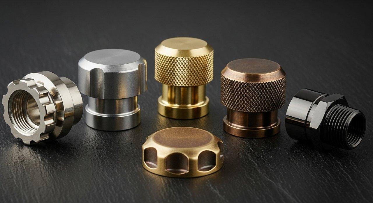 Ein professionelles Bild einer Sammlung, das verschiedene CNC-gefertigte Messingteile mit jeweils unterschiedlicher elektrolytischer Beschichtung zeigt. Vorgestellte Beispiele sind ein hell nickelbeschichtetes Teil, ein Satin-Chrom-Teil, ein luxuriös vergoldetes Teil und ein antikmessingbeschichtetes Teil, was die vielfältigen ästhetischen Optionen durch Präzisions-Elektroplattierung für kundenspezifische Metallteile deutlich macht.