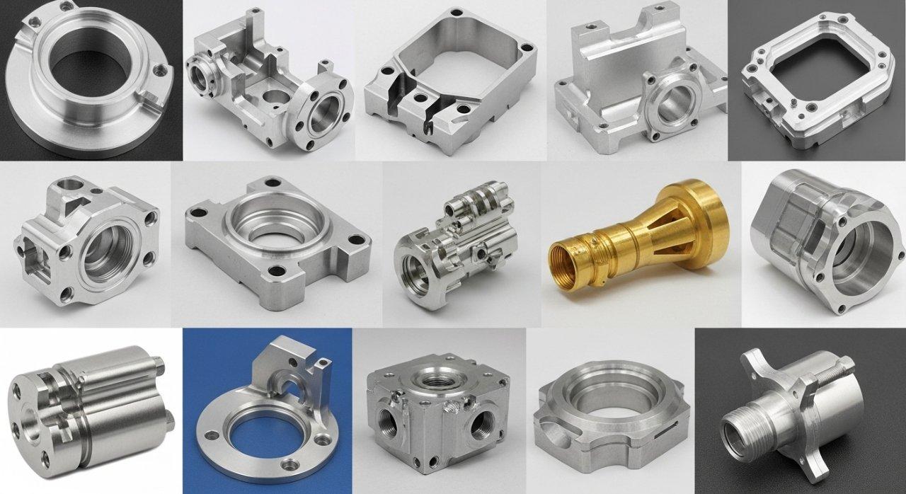 Un collage profesional de productos que muestra una gama diversa de piezas mecanizadas por CNC de precisión. La colección presenta componentes fabricados con diversos