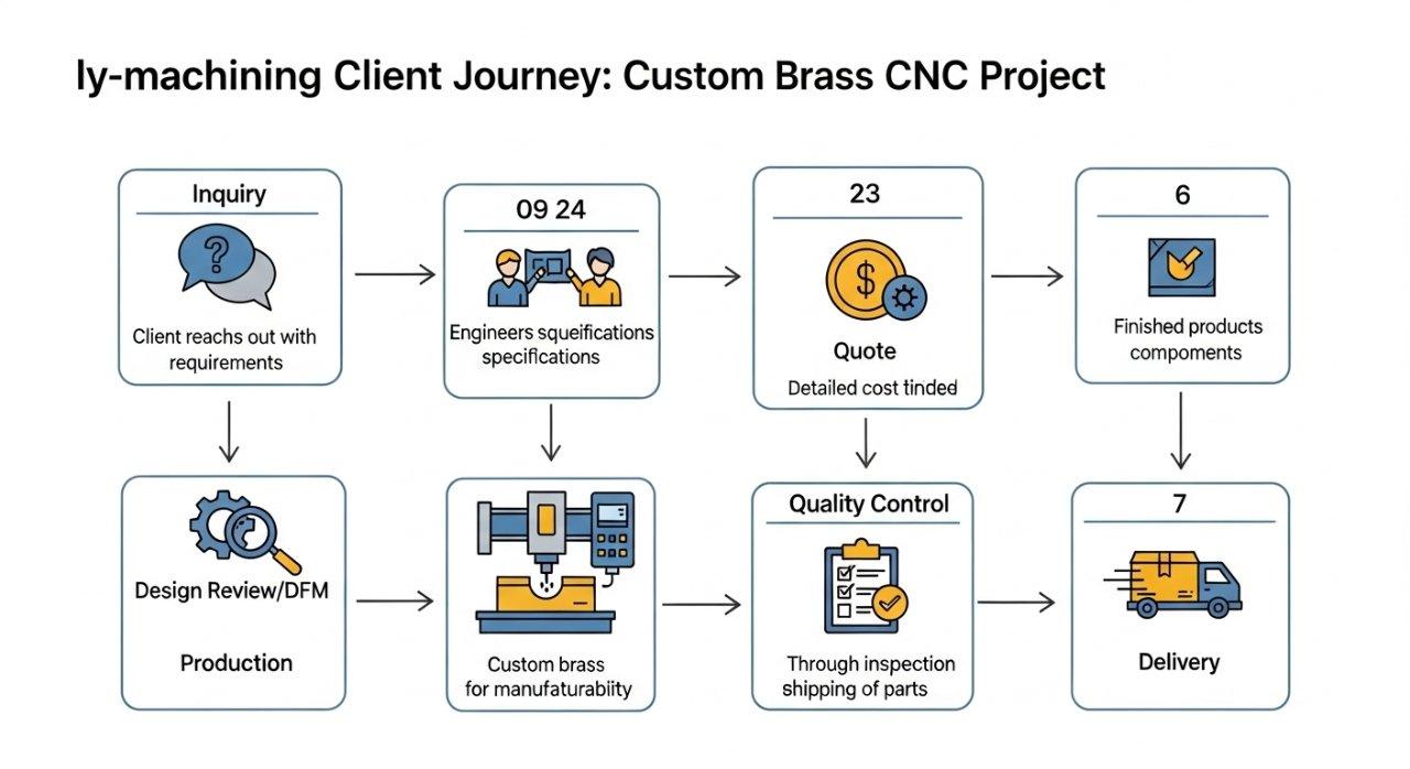 Ein professionelles Vektorgrafik-Flussdiagramm, das die 'ly-machining'-Kundenreise für kundenspezifische Messing-CNC-Projekte detailliert beschreibt, von der ersten Anfrage bis zur Endlieferung. Der siebenschrittige Prozess umfasst: Anfrage, technische Beratung, Angebot, Designüberprüfung/DFM (Design for Manufacturability), Produktion, Qualitätskontrolle und Lieferung, wobei jede Phase durch ein kleines Symbol und eine kurze erklärende Beschreibung klar gekennzeichnet ist.