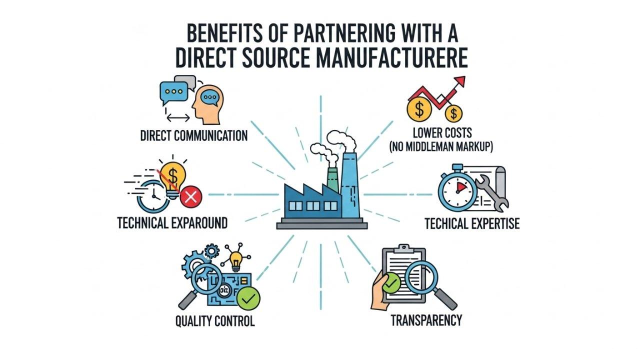 Eine professionelle Vektorgrafik, die die Kernvorteile einer Partnerschaft mit einem direkten Hersteller einschließlich direkter Kommunikation veranschaulicht.