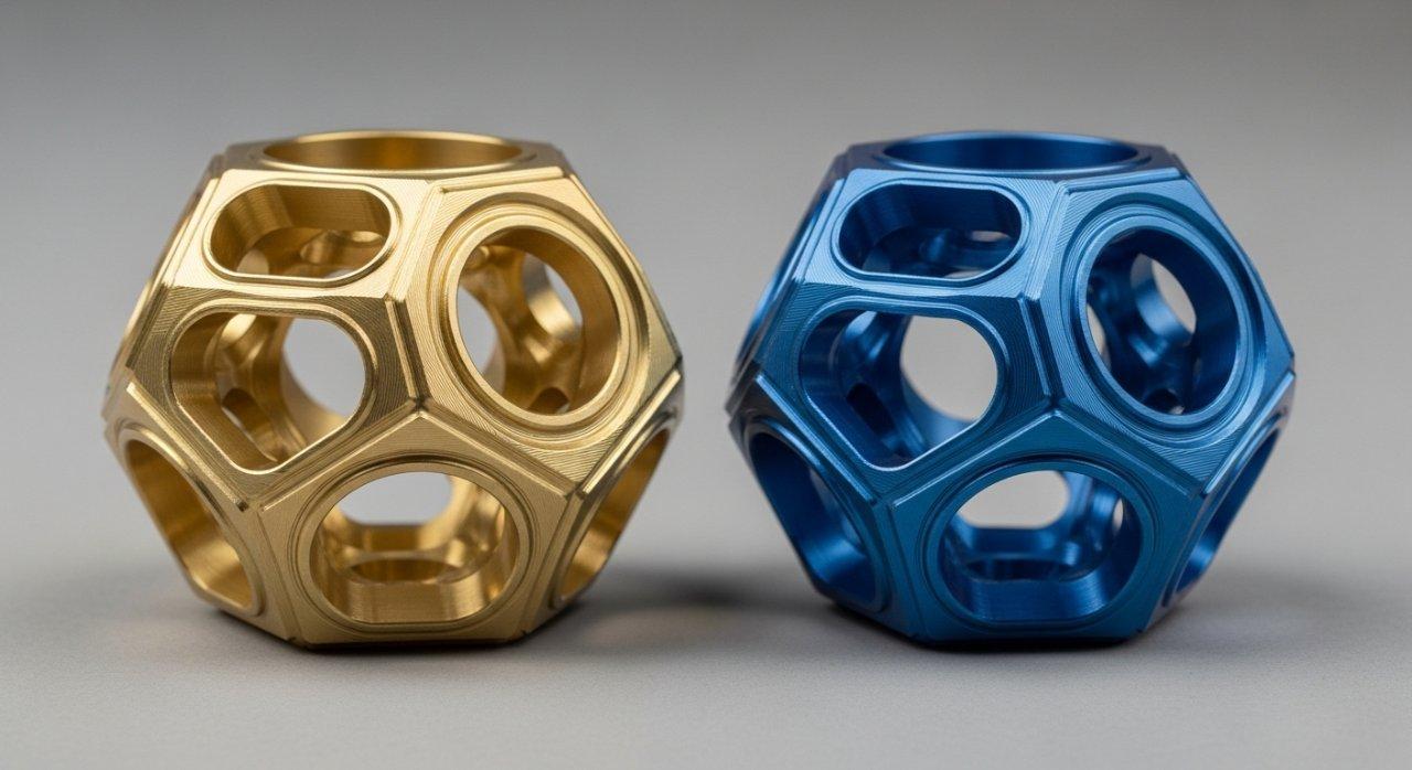 A side-by-side studio photograph showcasing two identical, complex geometric decorative components. One is impeccably polished and lacquered brass with a deep, rich golden shine, while the other is a precisely CNC machined aluminum component with a vibrant, matte blue anodized finish, highlighting the distinct contrast in metal aesthetics and design possibilities.