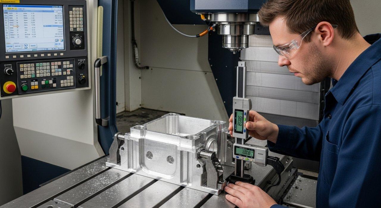 Ein erfahrener CNC-Maschinenbediener führt sorgfältig eine Prozess-Dimensionenqualitätskontrolle an einem neu bearbeiteten Metallteil direkt an der Maschine durch