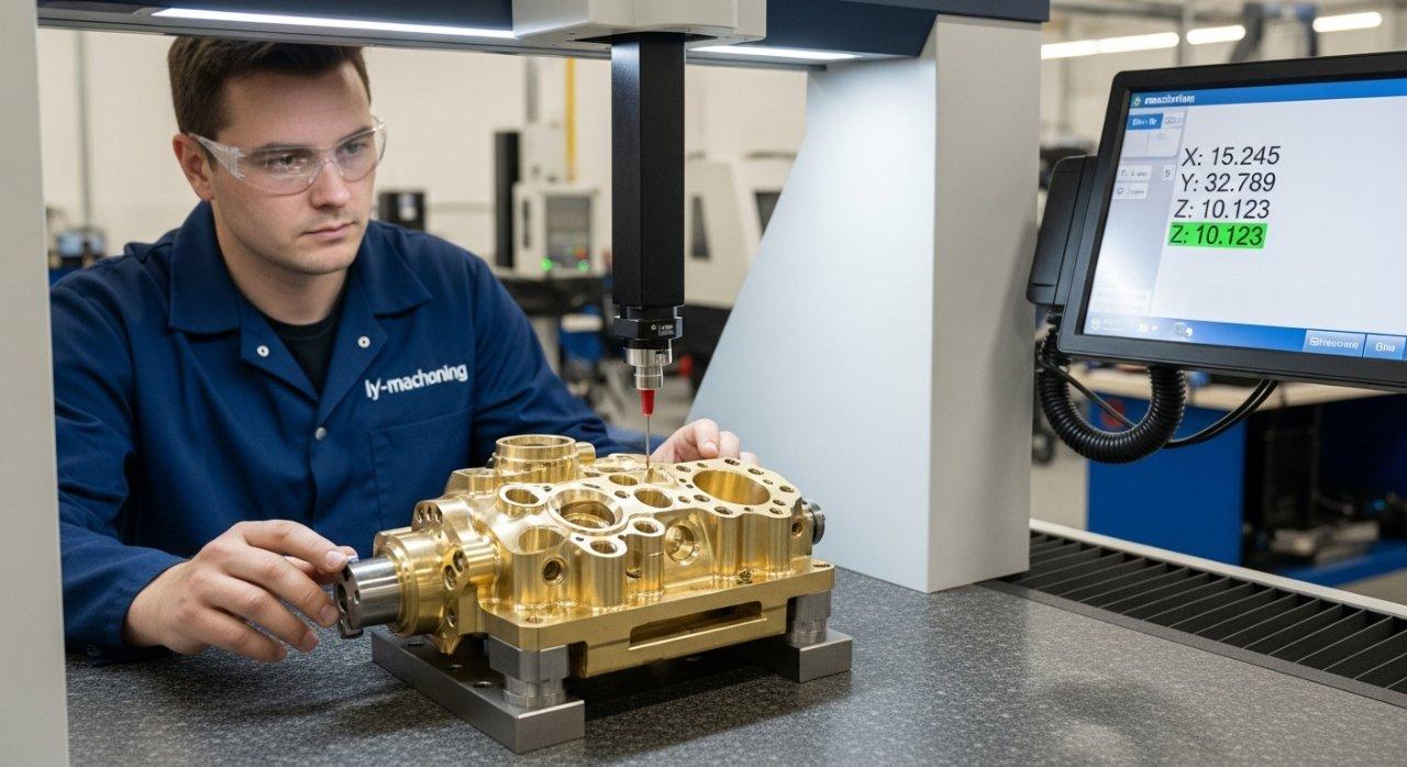Un técnico de mecanizado altamente cualificado inspecciona meticulosamente una pieza compleja de latón utilizando una Máquina de Medición por Coordenadas (CMM). La sonda de la CMM realiza una