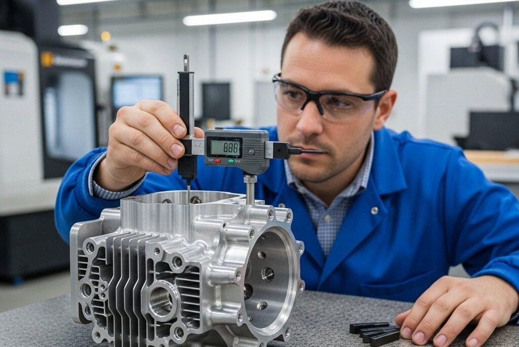 Gelişmiş metrologi kullanarak karmaşık yüksek hassasiyetli özel CNC işlenmiş havacılık bileşenini titizlikle inceleyen yetenekli bir üretim mühendisi 1 1 e1761111106360