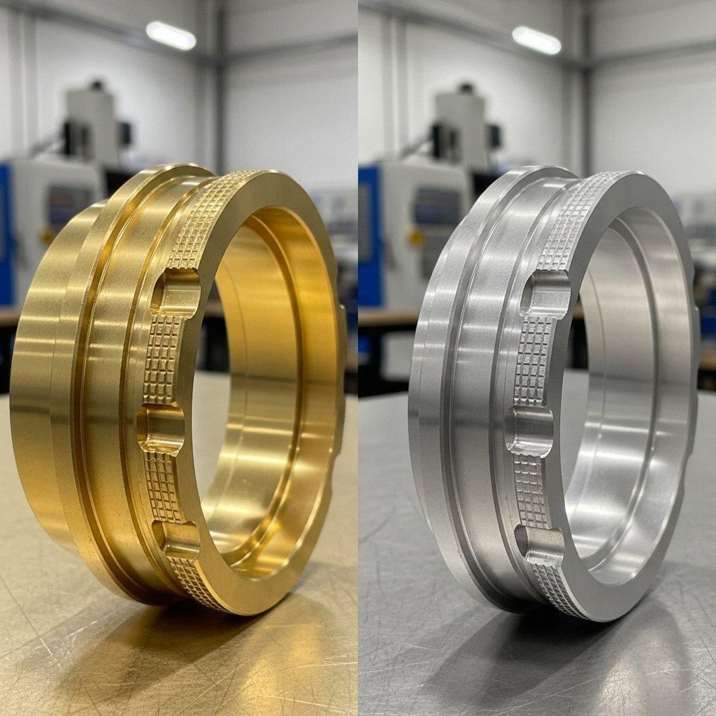 A split image showcasing two precision CNC machined components: on one side, a gleaming, intricately machined brass part exhibiting superior surface quality; on the other, a finely machined, matte-finish aluminum component demonstrating tight tolerances. The image highlights high-precision engineering and material comparison against a clean, modern workshop background.