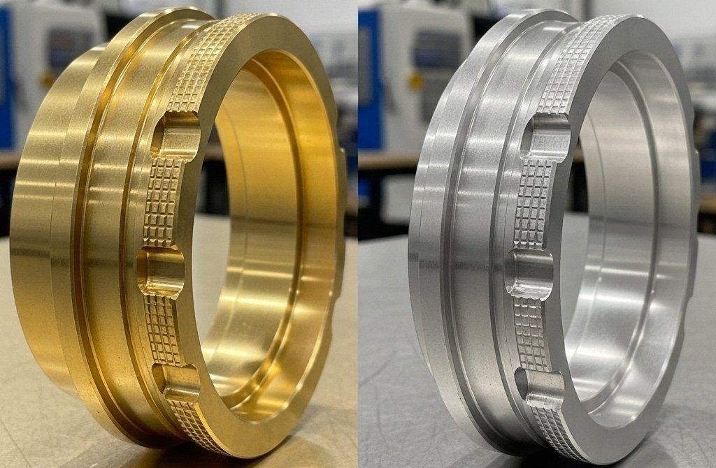 Brass VS Aluminum: CNC Precision Machining Guide 1 A split image showcasing two precision CNC machined components: on one side, a gleaming, intricately machined brass part exhibiting superior surface quality; on the other, a finely machined, matte-finish aluminum component demonstrating tight tolerances. The image highlights high-precision engineering and material comparison against a clean, modern workshop background.