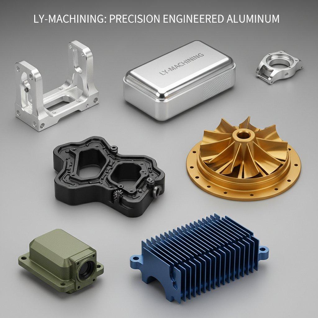 A studio quality product collection collage by ly machining showcasing 5 7 distinct high precision CNC machined aluminum parts. This diverse disp