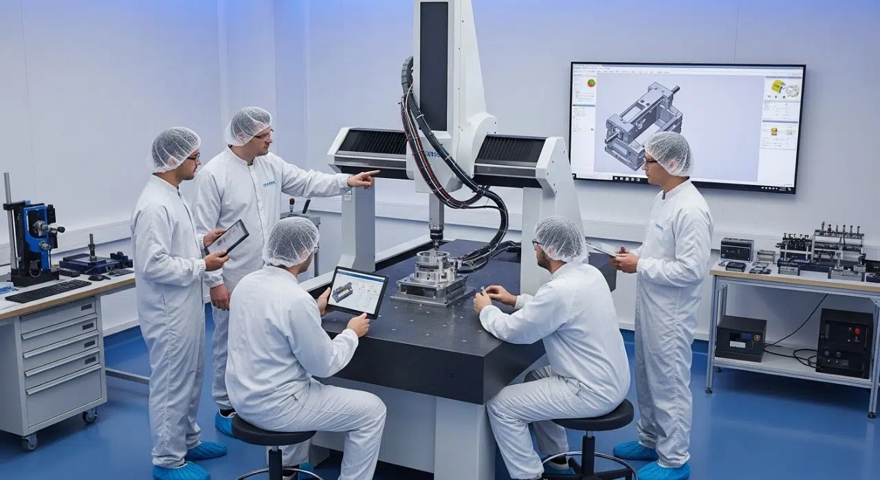 Temiz oda kıyafetleri giymiş, yüksek odaklı üretim mühendislerinden oluşan bir ekip, büyük bir gelişmiş çok sensörlü CMM Koordinat üzerinde işbirliği yapıyor