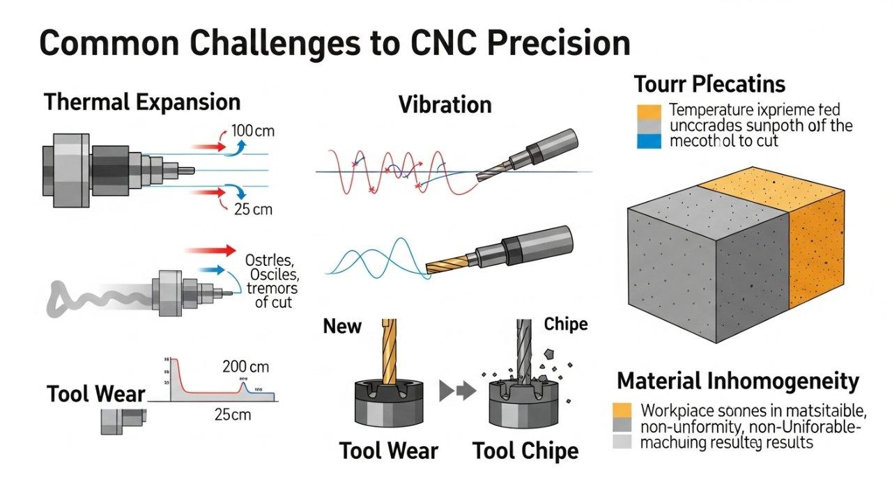 Temiz vektör grafikler kullanarak CNC hassasiyetine yaygın zorlukları anlatan teknik bir infografik. Bölümler, termal genleşmeyi görsel olarak açıklar