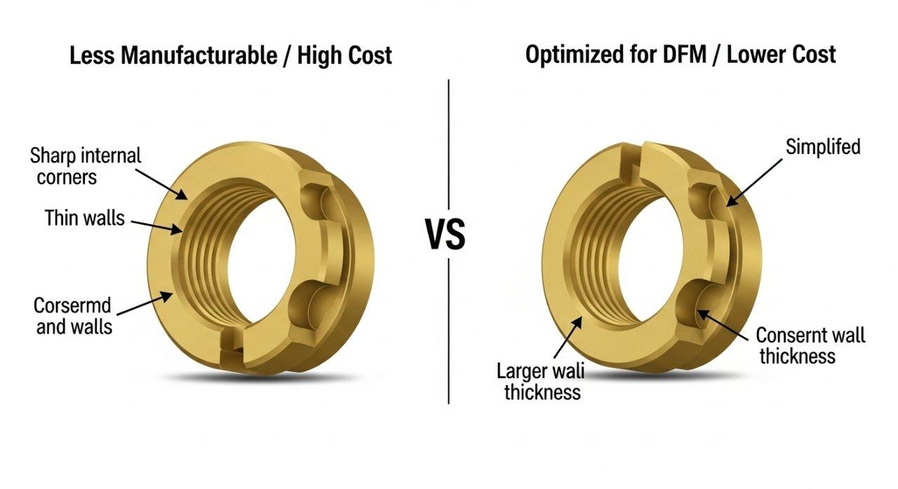 Una gráfica vectorial que ilustra una comparación lado a lado de dos diseños de piezas de latón. El diseño de menor manufacturabilidad y alto costo muestra características complejas