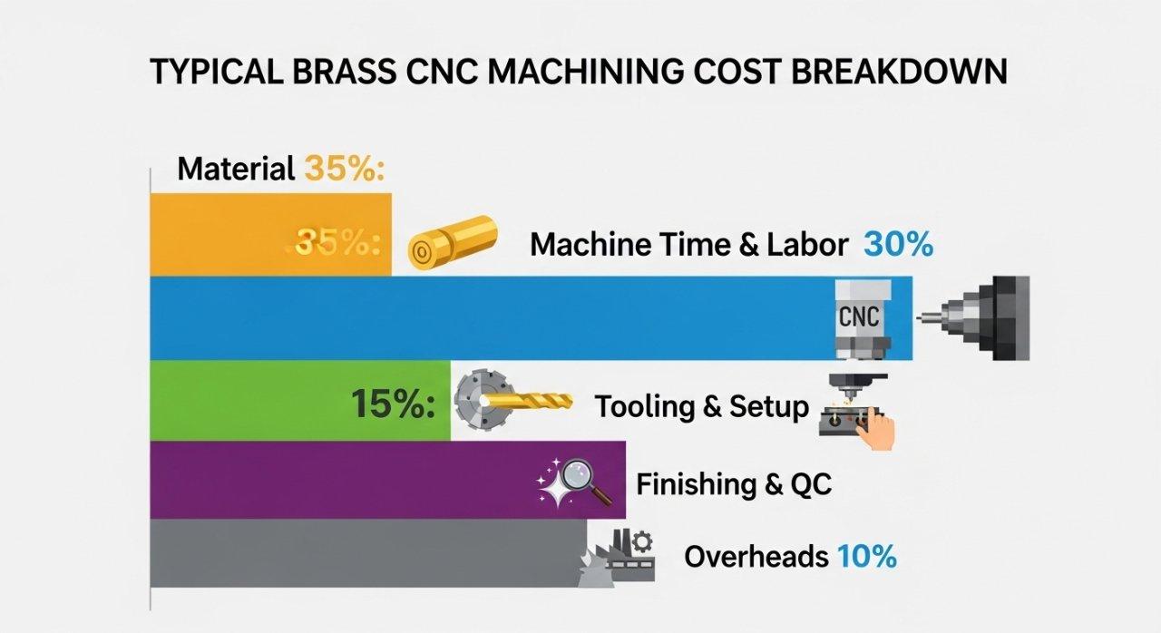 Una infografía gráfica vectorial que representa una distribución porcentual típica de los costos de mecanizado en latón CNC, ilustrada con un gráfico de pastel o barras apiladas. Las categorías detalladas incluyen Material, Tiempo de máquina y Mano de obra, Herramientas y Configuración, Acabado y Control de Calidad, y Gastos generales, cada una con etiquetas claras e iconografía profesional que explica la asignación de gastos en la fabricación de precisión.