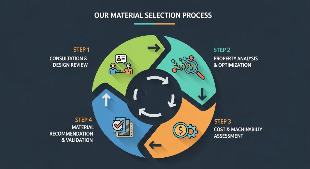 Infographie vectorielle intitulée "Notre processus de sélection de matériaux", illustrant un flux de travail circulaire en quatre étapes : 1. Consultation & Revue de conception, 2. Analyse & Optimisation des propriétés, 3. Évaluation du coût & de la machinabilité, 4. Recommandation & Validation du matériau, avec des icônes distinctes pour chaque étape. Cette représentation visuelle illustre une approche structurée de l'ingénierie des matériaux et du développement de produits.